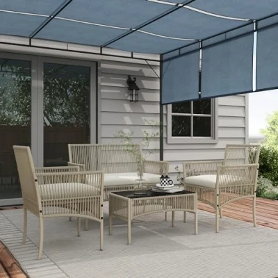 Afbeelding van Outsunny Tuinmeubelset, 4 delig, 2 zitsbank + stoelen 1 salontafel, dienblad van gehard glas, zwart, 3 zitkussens, metaal en PE rotan, kaki