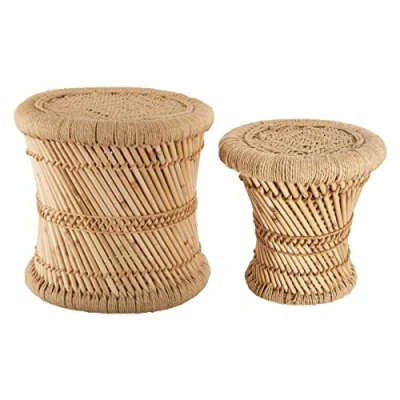 Afbeelding van Bijzettafel Set van 2 Naturel Bamboe Boho Salontafel Bohemian Bijzettafeltjes Tafeltjes Ba