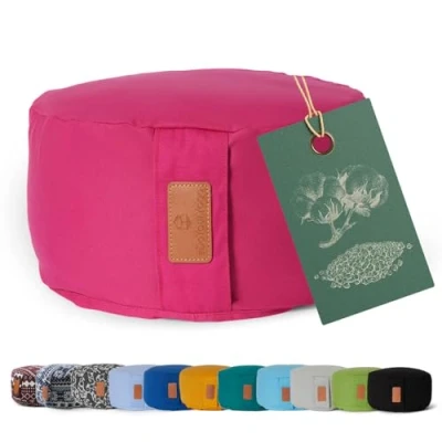Afbeelding van #DoYourYoga Yoga kussen »Vishnu« rond meditatiekussen met bio organische boekweit schalen vulling H:15cm, diam.30cm roze