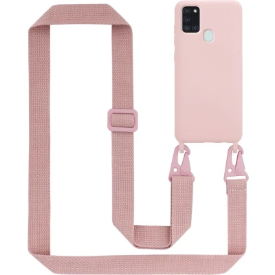 Afbeelding van Cadorabo Mobiele telefoon ketting geschikt voor Samsung Galaxy A21s in LIQUID ROZE Silicone beschermhoes met lengte verstelbare koord riem