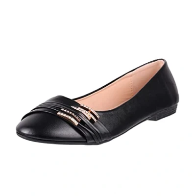 Afbeelding van Elara Chunkyrayan Comfortabele platte ballerina&#039;s voor dames, lederlook, strass, zwart.