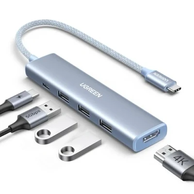 Afbeelding van UGREEN USB C HDMI hub 4K 100W PD opladen met 3 3.0 poorten 5 in 1 naar adapter compatibel iPhone 16 Plus Pro Max 15 MacBook iPad Air Surface Galaxy S24 Ultra (blauw)