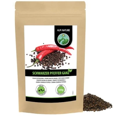 Image de Alpi Nature Poivre Noir 500g, Grains de Entiers pour la Cuisine, Piper Nigrum