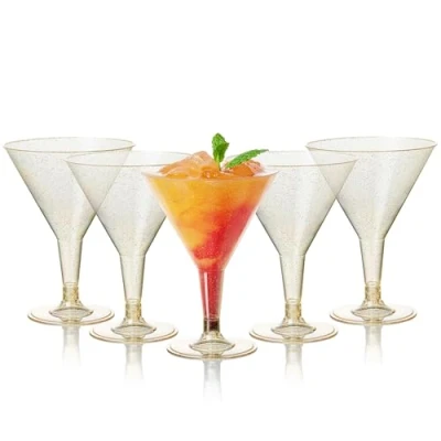 Afbeelding van MATANA 48 Herbruikbare Plastic Martiniglazen 210ml met Gouden Glitter Cocktailglazen