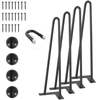 Image de VEVOR Pied de Table en Épingle à Cheveux 4PCS Pieds Bureau 406 mm Acier Massif Capacité Charge 227 kg Meubles 2 Tiges Noirs avec Vis et Patins Protecteurs pour Maison Salle Manger