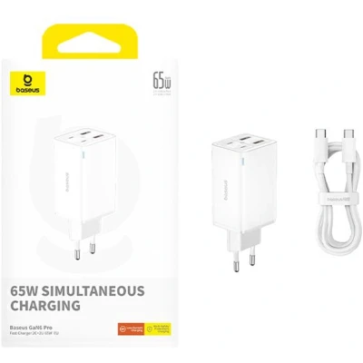 Afbeelding van Baseus GaN6 65W USB C/USB Snellader + 100W C Kabel 1M Wit