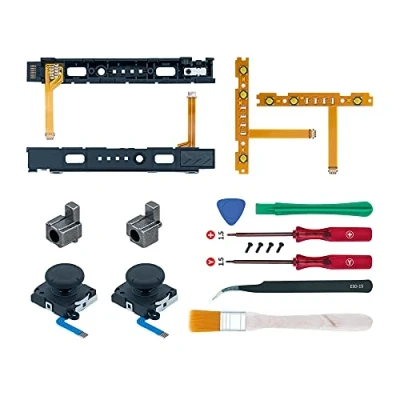 Image de Mcbazel Kit de Réparation Remplacement 18 en 1 pour Switch Joy Con avec Tournevis, outil d&#039;ouverture, Manettes Analogiques 3D Gauche Droite, Boucle à Glissière, Faisceau Câbles Flexibles