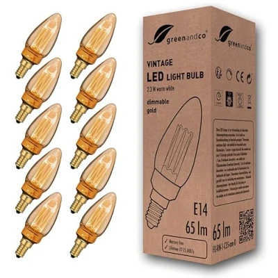 Afbeelding van Greenandco® 10 x led gloeilampen, dimbaar, vintage, retrostijl, industrieel, antiek edison, E14, C35, 2,3 W, 65 lm, 1800 K (zeer warmwit) 320 , 230 V, flikkert niet
