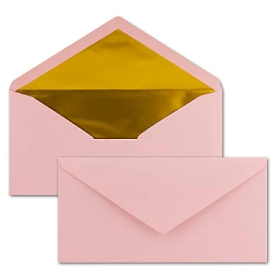 Afbeelding van 50 enveloppen DIN lang, roze met goud metallic voering, 110 x 220 mm, natte plakrand