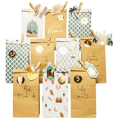 Afbeelding van Papierdrachen Ramadan kalender, doe het zelf, om te vullen, voor kinderen en volwassenen, bedrukte zakjes van kraftpapier neer zetten decoreren, Eid Mubarak, herbruikbaar, 5 stuks