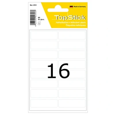 Afbeelding van TopStick 1353 stuks mini multifunctionele etiketten, 40 x 13 mm, 16 per vel, zelfklevende huishoudelijke mat papier, wit