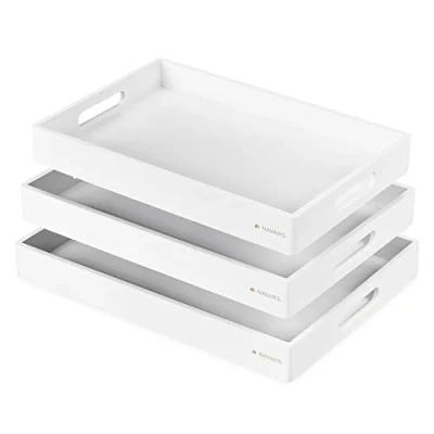 Afbeelding van Navaris set 3x bamboe dienblad Houten dienbladen rechthoek in 3 maten Voor het serveren van koffie, thee, gebak en hapjes Wit