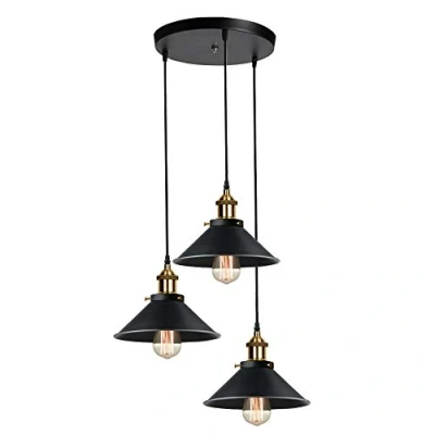 Afbeelding van IDEGU 3 hanglampen, industriële kroonluchter, plafondlampen, design, Edison, metaal, E27, hanglamp met ronde plaathouder, Ø 22 cm, zwart