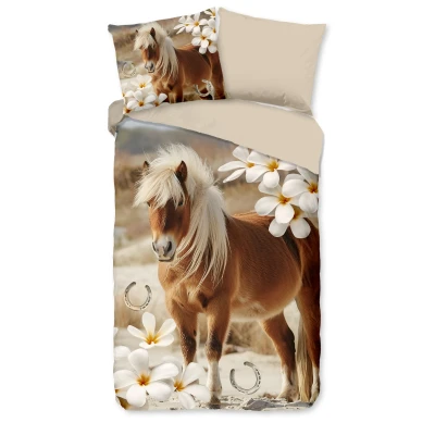 Afbeelding van Pure Kinderdekbedovertrek &quot;paard &amp; bloemen&quot; Zand (140x200/220 cm) Microfiber
