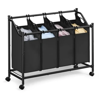 Afbeelding van SONGMICS Mobiele wasmand, vuile mand met 4 afneembare zakken, wieltjes, voor bijkeuken, slaapkamer, badkamer, x 45 l, inktzwart LSF103B01