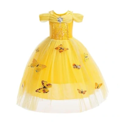 Afbeelding van Lito Angels Prinsessenjurk voor meisjes, mooie vlinders, luxe feestjurk, Halloween, maat 3 jaar, geel