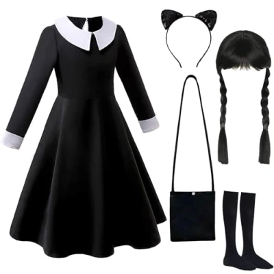 Afbeelding van Gxlaihly Wednesday kostuum voor kinderen, kostuum, gothic, prinsessenkostuum zwarte jurk, Halloween, carnaval, familie, cosplay (zwart