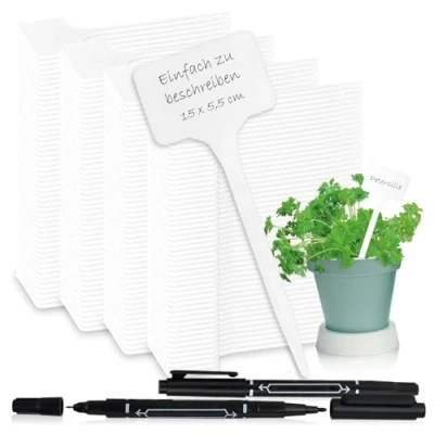 Afbeelding van COM FOUR® 200 x plantenetiketten met 2 markers dubbele punt 15 cm steeketiketten voor slaapkamer, balkon, tuin plantenstoppen etikettering kweekpluggen
