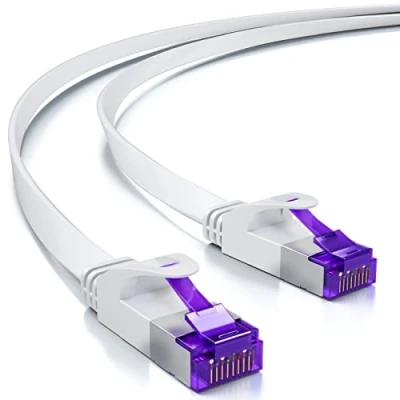 Afbeelding van deleyCON 5 m Flat Netwerkkabel (Cat7 met 10 Gbit/s) Gigabit LAN RJ45 Ethernet Aansluitkabel Platte Installatiekabel voor Internet Wissel router Patch paneel modem wit