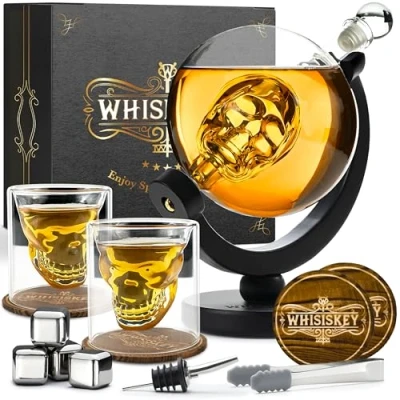 Afbeelding van Whisiskey Whiskey karaf Skull Luxe Whisky Set Decanteer 900ml Incl. 4 RVS Stones, 2 Glazen &amp; Extra Accessoires