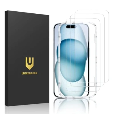 Afbeelding van UNBREAKcable Displaybeschermfolie van gehard glas voor iPhone 15, hardheid 9H, met installatieframe, compatibel 15 6,1 inch, krasbestendig, luchtbelvrij, 3 stuks