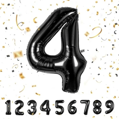 Afbeelding van Verjaardagsballonnen, zwart, cijfer 4, 101 cm, decoratieve ballonnen, verjaardag, ballon 4 jaar, vliegen met helium