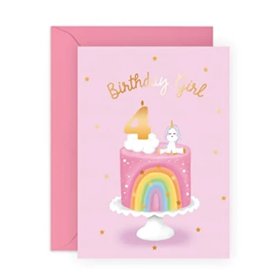 Afbeelding van Central 23 Vierjarige verjaardagskaart voor meisjes, 4 jaar, 1 regenboogwolk en eenhoorn kinderen, kleindochter, wordt geleverd met grappige stickers