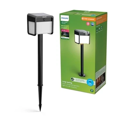 Afbeelding van Philips Ezra sokkellamp UltraEfficient LED Solar buitenlamp Helder warm licht; 3000K Zwart Bewegingssensor Zonne energie Schemersensor Tuinpadverlichting