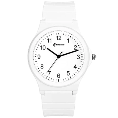 Afbeelding van JewelryWe Analoog kwartshorloge voor kinderen, waterdicht tot 30 m, klassieke eenvoudige siliconen armband jongens, meisjes, tieners, zwart/wit, Wit,
