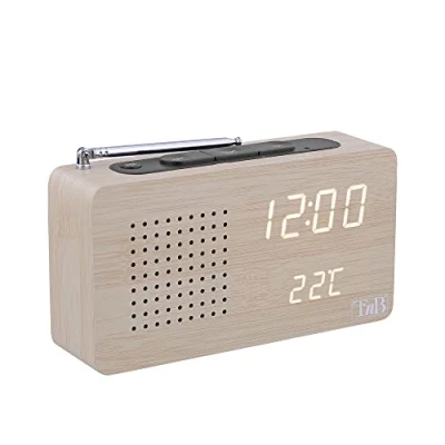 Afbeelding van T&#039;NB Multifunctionele wekker van hout met led, digitale klok tijdweergave, 1 alarm, verstelbare verlichting, FM radiostations, USB voeding en batterijen, houtafwerking