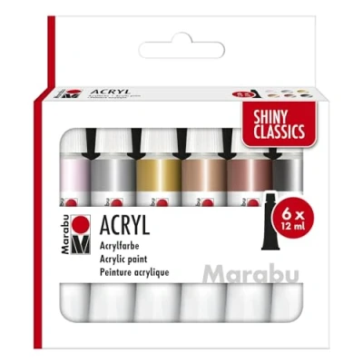 Afbeelding van Marabu Shiny Classic 1210000000212 Acrylverf, 6 stuks, 12 ml, glinsterende metallic kleuren, gemakkelijk te schilderen, sneldrogend, lichtecht, weerbestendig