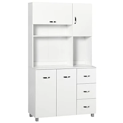 Afbeelding van HOMCOM Keukendressoir, keukenkast, meerdere vakken, 4 deuren, 3 laden, rek + groot dienblad, 100 x 39 183 cm, MDF, wit