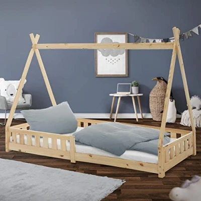 Afbeelding van Kinderbed met uitvalbeveiliging en lattenbodem 90x200 cm naturel dennenhout ML Design