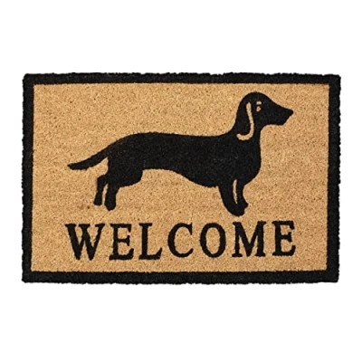 Afbeelding van Relaxdays Kokosdeurmat, met teckel en opschrift Welcome, rubber, voor binnen, buiten, 60 x 40 cm, natuur/zwart, 1 stuk