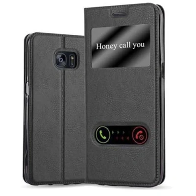 Afbeelding van Cadorabo Hoesje geschikt voor Samsung Galaxy S7 EDGE in KOMEET ZWART Beschermhoes met magnetische sluiting, standfunctie en 2 kijkvensters Book Case Cover Etui