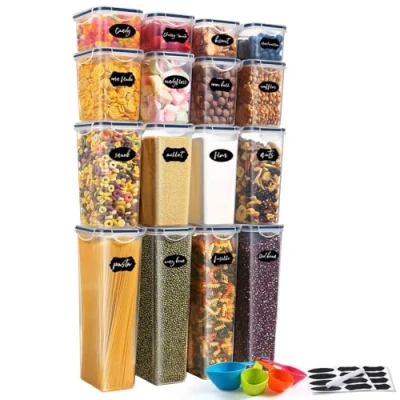 Afbeelding van YASHE 16 stuks luchtdichte kunststof voorraaddozen met deksel, BPA vrij, voor droge levensmiddelen, pasta, meel en suiker, etiketten