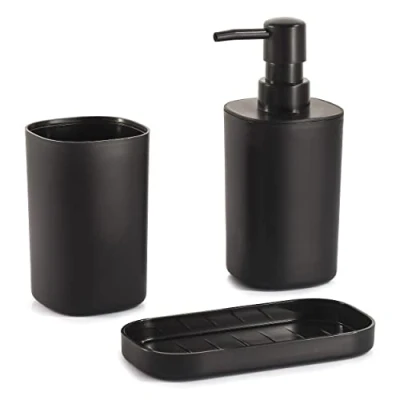 Afbeelding van MSV Badkamer accessoires set 3 delig Lona Kunststof Zwart Zeeppompje/beker/schaaltje