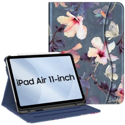 Afbeelding van FINTIE Hoes compatibel met iPad Air 5e generatie (2022) / 4e (2020) 11 inch, meerhoekige kijkstandaard zak, automatische slaap/wake, hibiscus bloemen