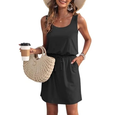 Afbeelding van WNEEDU Zomerjurk voor dames, mouwloos, U hals, trekkoord, luchtige jurk met zakken, zwart., L