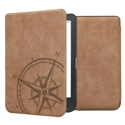 Afbeelding van kwmobile hoes geschikt voor Kobo Clara BW / Colour Hoesje ereader in bruin Vintage Kompas design
