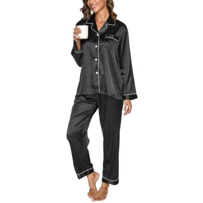 Afbeelding van Reliwel Satijnen pyjama voor dames met knoopsluiting, tweedelige pyjama, lange mouwen, V hals, comfortabele nachtkleding, klassieke loungewear alle seizoenen, zwart.