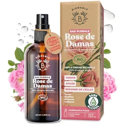 Image de BIONOBLE Eau de Rose Bio Hydrolat Damas 100% Pur et Naturel Visage, Contour des Yeux, Corps, Cheveux Water Bouteille en Verre + Spray