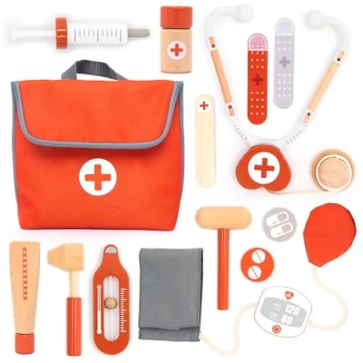 Afbeelding van UMU® Houten dokterskoffer voor kinderen met stethoscoop, bloeddrukmeter en meer, dokterskoffer, rollenspel, medische set vanaf 3, 4, 5 jaar