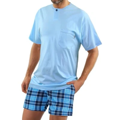 Afbeelding van sesto senso 2 delige pyjamaset voor heren, van katoen, met korte mouwen en broek, T shirt Lichtblauw; Broeken Wit Blauw Geruit