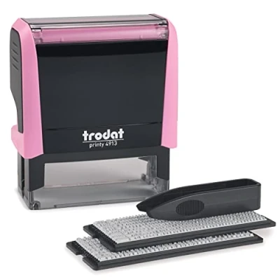 Afbeelding van Trodat Printy 4913 Zelfkleurende stempel, personaliseerbaar, pastelroze, meerdere keren verwisselbaar, zwarte inkt, afdrukformaat 57 x 21 mm, max. 6 regels tekst, pastelroze