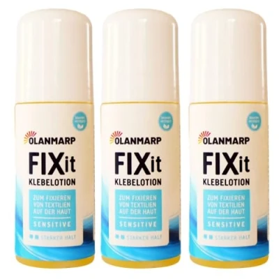 Afbeelding van Olanmarp FIX IT huidlijm speciale in water oplosbare kleeflotion voor een veilige grip van textiel, compressiekousen en meer Made Germany (180 ml (3 x 60 ml))