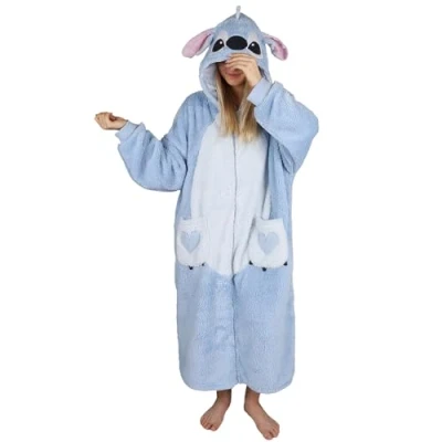 Afbeelding van DISNEY Stitch Blauw, damessweatshirt, kamerjas, capuchondeken, snuddie, lang, ritssluiting