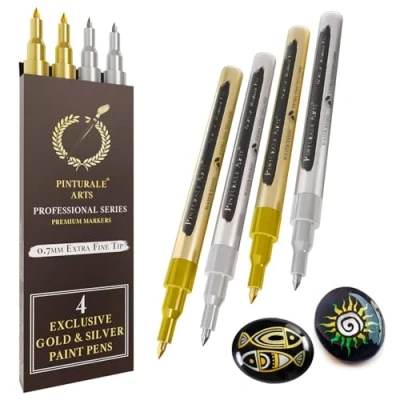 Afbeelding van Pinturale Arts metallic markeerstiften, set van 4 permanente acrylstiften, 2 gouden en zilveren markers met fijne punt 0,7 mm, voor het beschilderen stenen, metaal, stof,