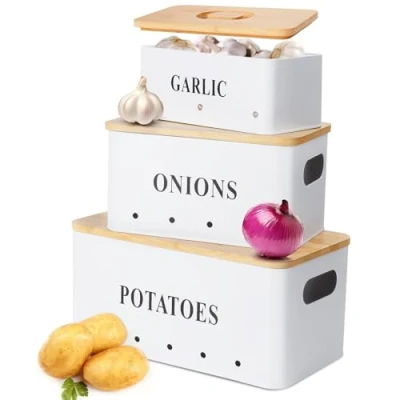 Afbeelding van Otauoaea Set van 3 stapelbare opbergdozen voor aardappelen, uien, met bamboedeksel, ventilatie, schaduw, versheidsopslag (wit)