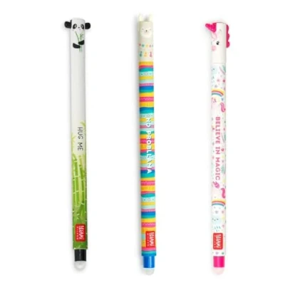 Afbeelding van LEGAMI Lot de 3 stylos à encre gel effaçable Motif licorne, panda et lama Sans utiliser feuilles Pointe 0,7 mm